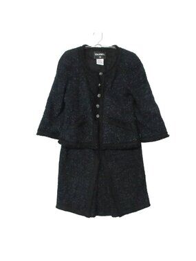 Chanel Suit Tweed Collarless Jacket CC Logo Button Front Slit Skirt Dark Navy 36